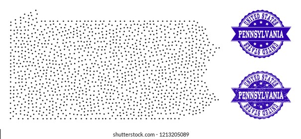 Dotted black map of Pennsylvania State and blue rubber seal. Vector map of Pennsylvania State designed with irregular small spheric points. Vector blue watermark with corroded rubber texture.