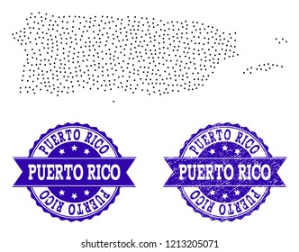 Dotted black map of Puerto Rico and blue rubber seal stamp. Vector map of Puerto Rico constructed with irregular small round dots. Vector blue watermark with unclean rubber texture.