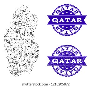 Dotted black map of Qatar and blue rubber seal. Vector map of Qatar constructed with irregular small spheric points. Vector blue imprint with distress rubber texture.