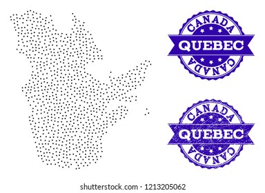Dotted black map of Quebec Province and blue rubber seal stamp. Vector map of Quebec Province constructed with irregular small round points. Vector blue imprint with scratched rubber texture.