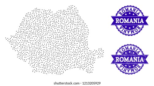 Dotted black map of Romania and blue scratched seal. Vector map of Romania constructed with irregular small circle dots. Vector blue seal with scratched rubber texture.