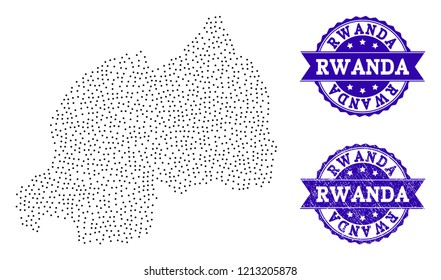 Dotted black map of Rwanda and blue dirty seal stamp. Vector map of Rwanda constructed with irregular small round points. Vector blue seal with grunge rubber texture.