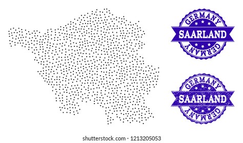 Dotted black map of Saarland State and blue rubber stamp. Vector map of Saarland State designed with irregular small circle points. Vector blue seal with distress rubber texture.