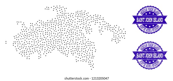 Dotted black map of Saint John Island and blue scratched seal. Vector map of Saint John Island constructed with irregular small round dots. Vector blue seal with scratched rubber texture.