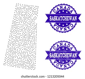 Dotted black map of Saskatchewan Province and blue unclean seal stamp. Vector map of Saskatchewan Province designed with irregular small spheric dots. Vector blue seal with scratched rubber texture.