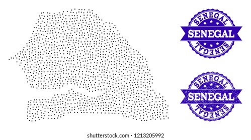 Dotted black map of Senegal and blue rubber seal stamp. Vector map of Senegal constructed with irregular small circle dots. Vector blue seal with scratched rubber texture.