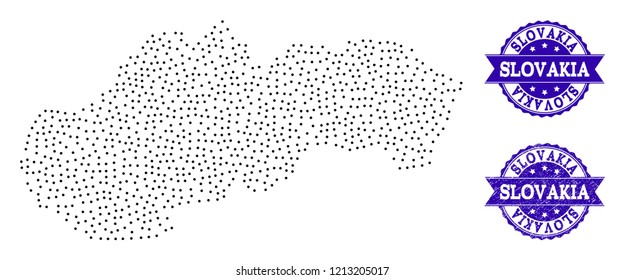 Dotted black map of Slovakia and blue rubber seal stamp. Vector map of Slovakia designed with irregular small spheric dots. Vector blue seal with scratched rubber texture.