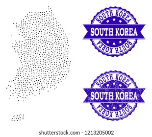 Dotted black map of South Korea and blue corroded seal stamp. Vector map of South Korea constructed with irregular small circle dots. Vector blue seal with corroded rubber texture.