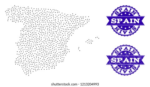 Dotted black map of Spain and blue rubber seal. Vector map of Spain constructed with irregular small round dots. Vector blue seal with scratched rubber texture.