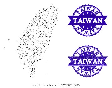 Dotted black map of Taiwan and blue textured seal stamp. Vector map of Taiwan designed with irregular small round dots. Vector blue seal with grunge rubber texture.