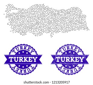 Dotted black map of Turkey and blue unclean seal stamp. Vector map of Turkey designed with irregular small round dots. Vector blue seal with unclean rubber texture. Flat design for patriotic posters.