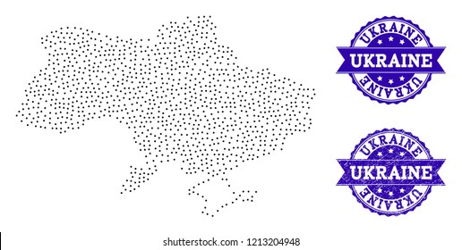 Dotted black map of Ukraine and blue scratched seal. Vector map of Ukraine constructed with irregular small spheric points. Vector blue seal with unclean rubber texture.