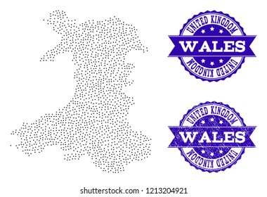 Dotted black map of Wales and blue scratched seal stamp. Vector map of Wales constructed with irregular small round points. Vector blue seal with scratched rubber texture.