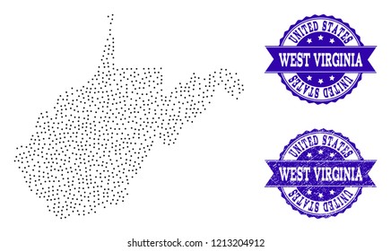 Dotted black map of West Virginia State and blue corroded seal. Vector map of West Virginia State designed with irregular small spheric dots. Vector blue seal with grunge rubber texture.
