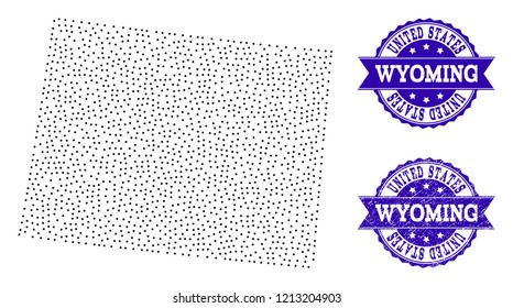 Dotted black map of Wyoming State and blue grunge seal. Vector map of Wyoming State designed with irregular small round points. Vector blue imprint with grunge rubber texture.