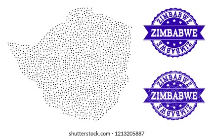 Dotted black map of Zimbabwe and blue rubber stamp. Vector map of Zimbabwe constructed with irregular small round dots. Vector blue watermark with scratched rubber texture.