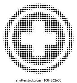 Icono de farmacia negro punteado. Patrón de semitono de Vector de icono de farmacia hecho de píxeles esféricos.