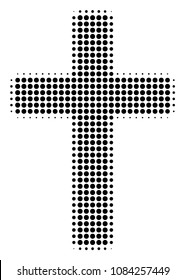 Dotted black religious cross icon. Vector halftone pattern of religious cross icon made of circle items.