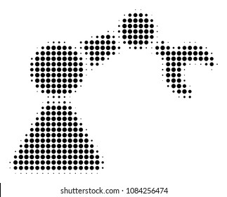 Dotted black robotics manipulator icon. Vector halftone mosaic of robotics manipulator symbol organized with circle pixels.