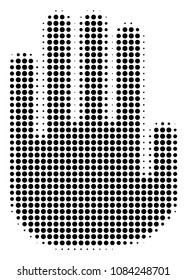 Dotted black stop hand icon. Vector halftone mosaic of stop hand pictogram constructed from spheric elements.