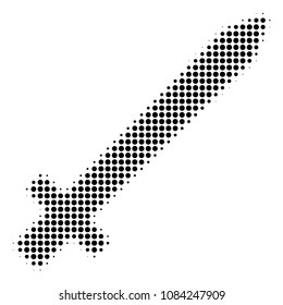 Dotted black sword icon. Vector halftone pattern of sword symbol formed from circle pixels.