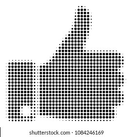 Dotted black thumb up icon. Vector halftone mosaic of thumb up symbol composed with circle dots.