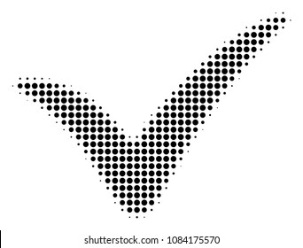 Dotted black yes icon. Vector halftone composition of yes pictogram combined from spheric pixels.