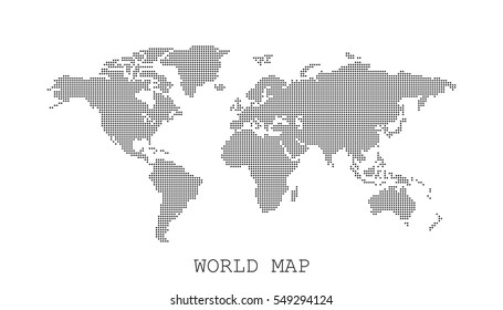 Dotted blank black world map isolated on white background. World map vector template for website, infographics, design. Flat earth world map with round dots illustration.