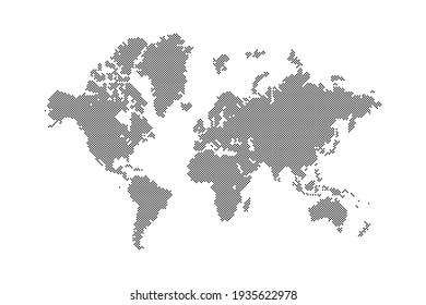 dotted blank world global map continents and oceans silhouette in black color with small round spots and circle dots, stock vector illustration clip-art, design element isolated on white background