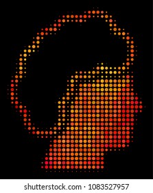 Dotted blonde profile icon. Bright pictogram in fire orange color tints on a black background. Vector halftone concept of blonde profile icon designed from circle points.