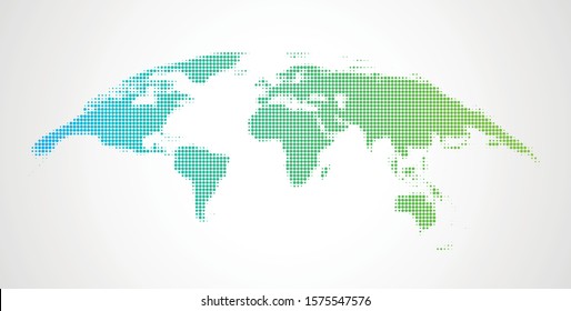 Dotted blue and green gradient world map on white background. Vector illustration.