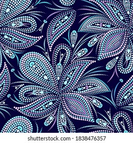 Dotted blue pattern with paisley and beads. Ornamental traditional etchnic design. Vector print.