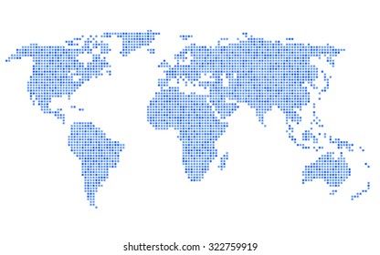 Dotted Blue World Map on White Background. Vector