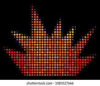 Dotted boom explosion icon. Bright pictogram in orange color tints on a black background. Vector halftone pattern of boom explosion icon made of round elements.