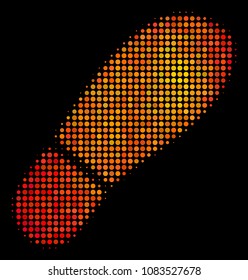 Dotted boot footprint icon. Bright pictogram in hot color variations on a black background. Vector halftone composition of boot footprint symbol done from round dots.