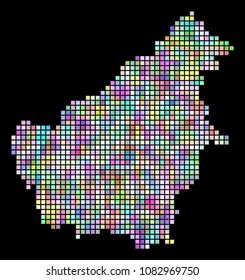 Dotted Borneo Island map. Vector geographic map in smoothed irregular colors on a black background. Vector collage of Borneo Island map organized with regular dots.