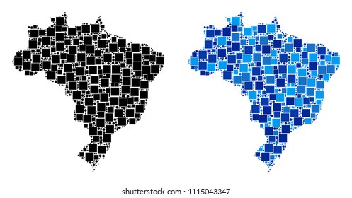 Dotted Brazil map variants. Abstract geographic map variant designed with cold blue color tinges. Vector composition of Brazil map composed from scattered rectangle and spheric items.