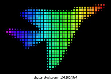 Dotted bright halftone airplane intercepter icon in spectrum color tones with horizontal gradient on a black background.