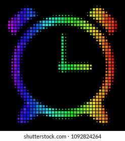 Dotted bright halftone alarm clock icon in spectrum color tinges with horizontal gradient on a black background. Multicolored vector concept of alarm clock illustration formed with rectangular cells.