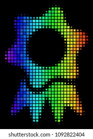 Dotted bright halftone award icon using spectral color tinges with horizontal gradient on a black background. Color vector collage of award symbol constructed from square array cells.