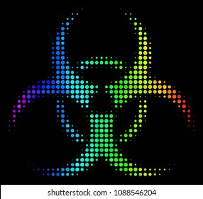 Dotted bright halftone biohazard icon drawn with spectral color tints with horizontal gradient on a black background. Colorful vector concept of biohazard symbol constructed from round points.