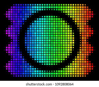 Dotted bright halftone condom package icon drawn with spectrum color tinges with horizontal gradient on a black background.