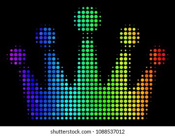 Dotted bright halftone crown icon drawn with spectral color tinges with horizontal gradient on a black background. Multicolored vector concept of crown illustration designed with round elements.