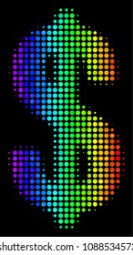 Dotted bright halftone dollar icon drawn with spectral color tints with horizontal gradient on a black background. Colored vector collage of dollar symbol designed of spheric cells.