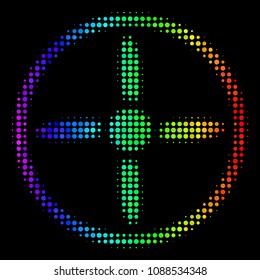 Dotted bright halftone drone screw icon using spectral color tinges with horizontal gradient on a black background. Colorful vector concept of drone screw pictogram made with round points.