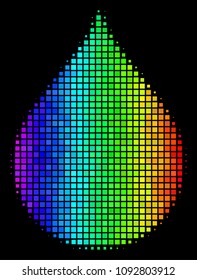 Dotted bright halftone drop icon drawn with spectral color hues with horizontal gradient on a black background. Bright vector composition of drop symbol combined with square cells.