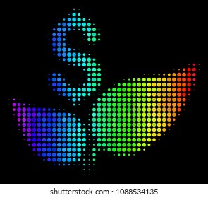 Dotted bright halftone eco startup icon in rainbow color tinges with horizontal gradient on a black background. Bright vector mosaic of eco startup illustration done from round pixels.