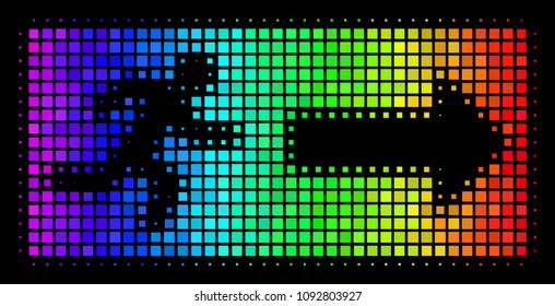 Dotted bright halftone emergency exit icon in spectral color tones with horizontal gradient on a black background. Multicolored vector collage of emergency exit pictogram combined of rectangle cells.