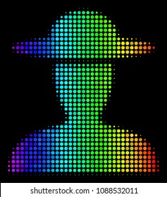 Dotted bright halftone farmer person icon in spectrum color shades with horizontal gradient on a black background. Colorful vector pattern of farmer person symbol constructed with round particles.