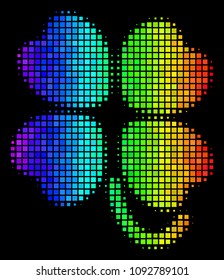 Dotted bright halftone four-leafed clover icon using spectrum color shades with horizontal gradient on a black background.